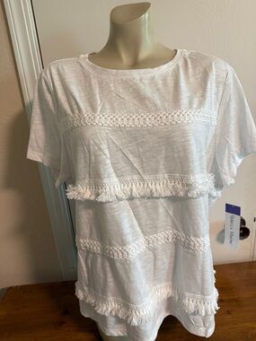 Rebecca Malone White Short Sleeve Fringe & Crochet Tee